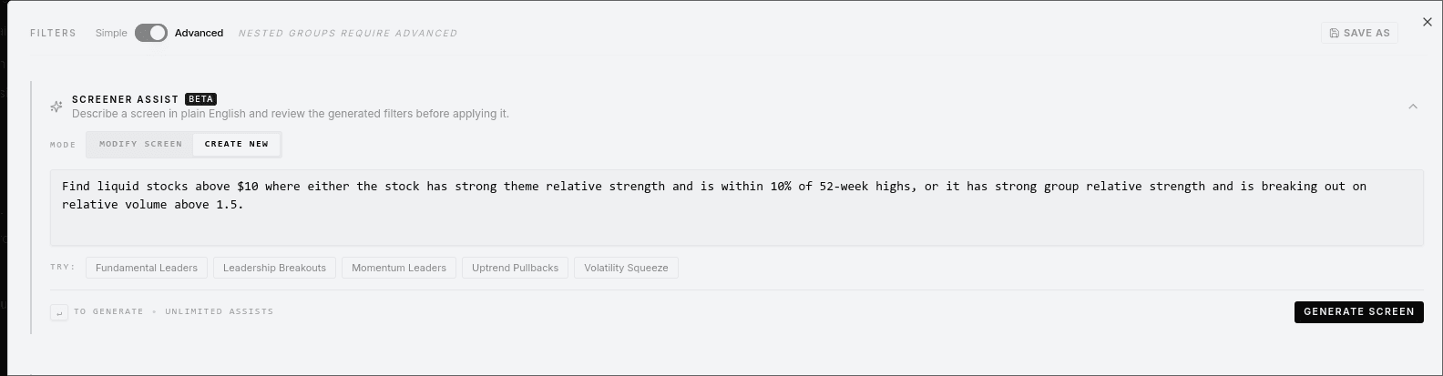TradersLab Screener Assist turning the plain-English request 'find liquid stocks above $10 with strong theme relative strength within 10% of 52-week highs, or strong group relative strength breaking out on relative volume above 1.5' into a stock screen, with Create New / Modify Screen modes and quick-start styles like Fundamental Leaders and Momentum Leaders
