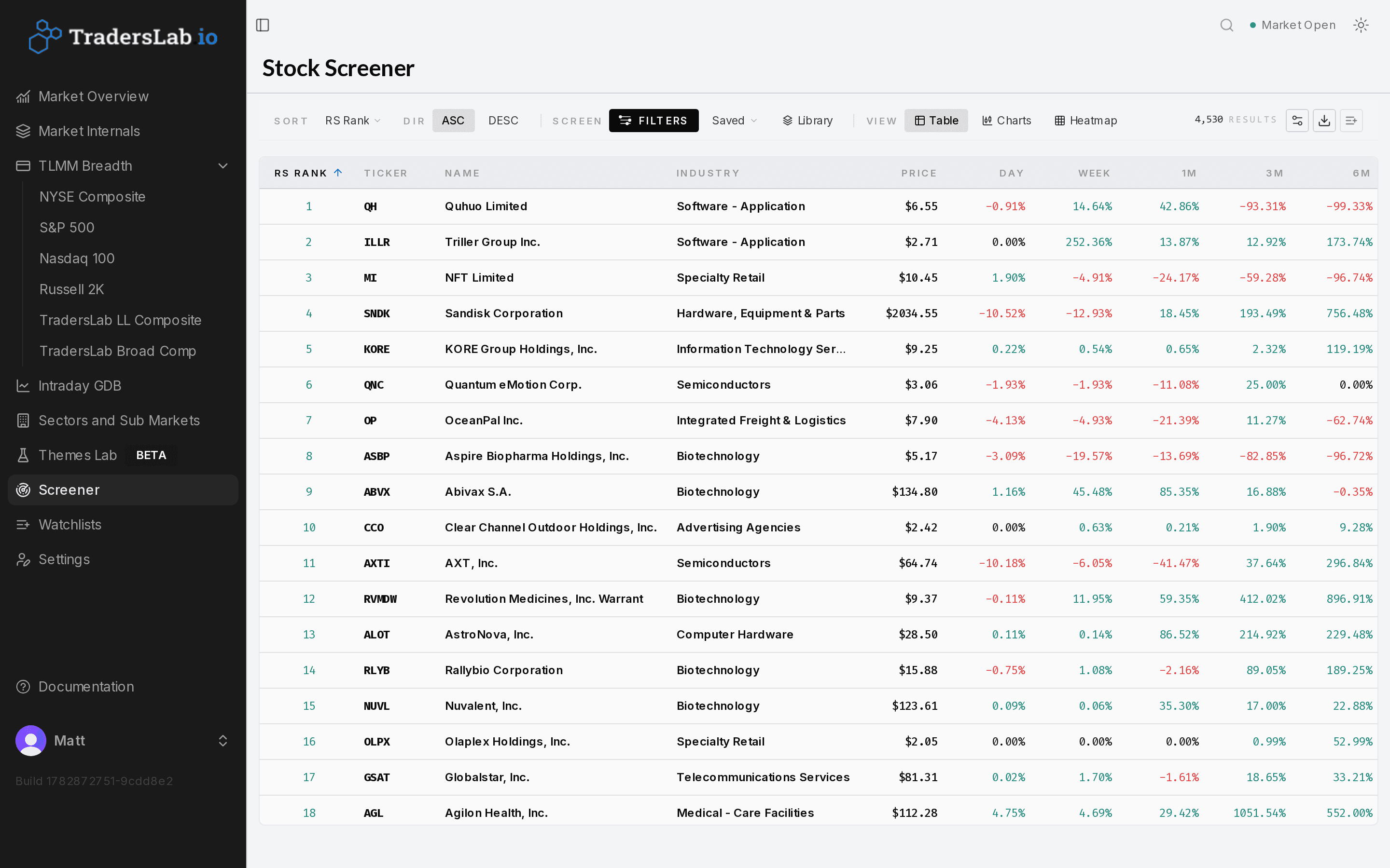 TradersLab stock screener showing stocks ranked by RS Rank with price and multi-timeframe performance